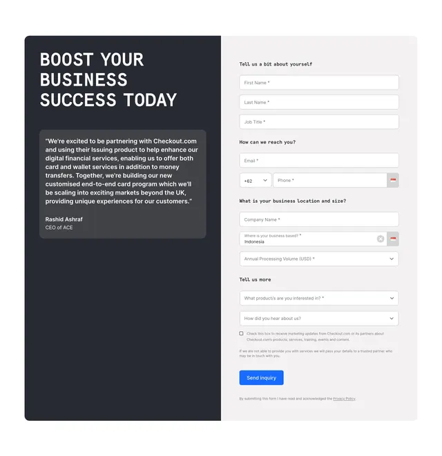 Checkout.com issuing split inquiry form, minimal, corporate-clean, dark