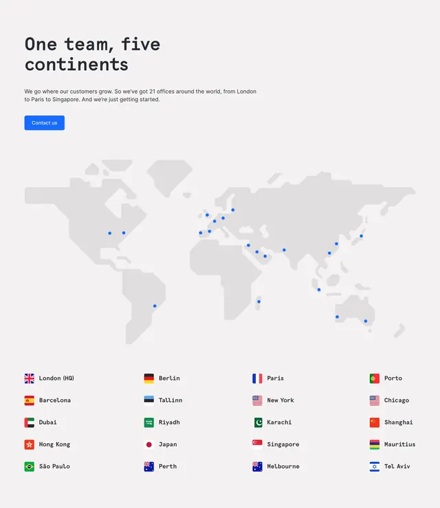 Checkout.com global offices map section, minimal, light-mode, light