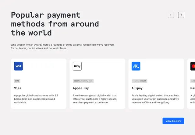 Checkout.com payment methods carousel, minimal, light-mode, light