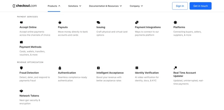 Checkout.com products mega menu, minimal, light-mode, light