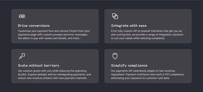 Checkout.com dark four-up benefits grid, dark-mode, minimal, dark