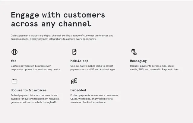 Checkout.com omnichannel payment features grid, minimal, light-mode, light