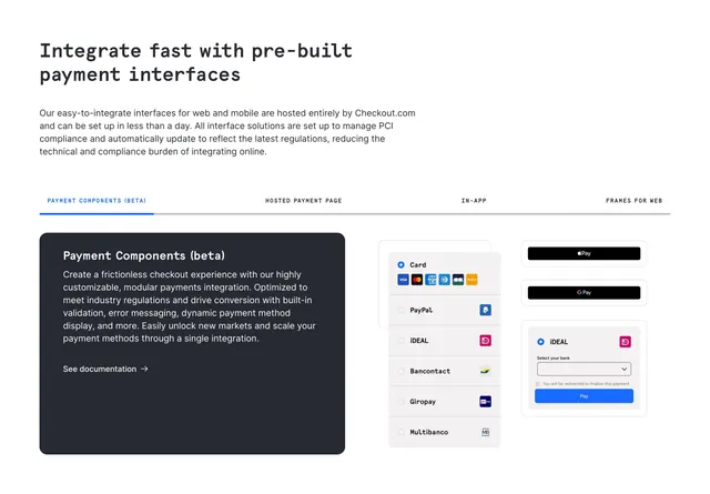 Checkout.com prebuilt interfaces tabbed feature, minimal, light-mode, light