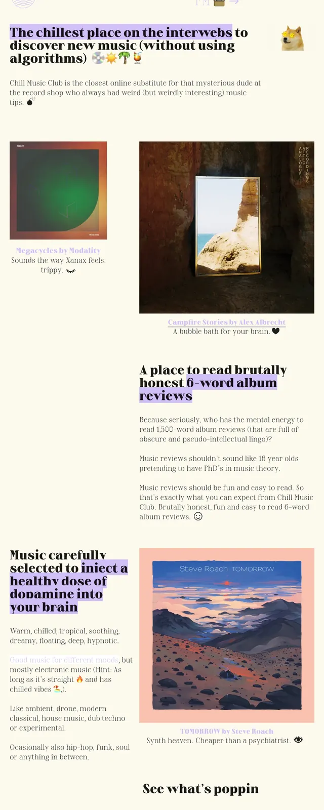 Chillmusic Club Editorial Landing Page, editorial, playful, light
