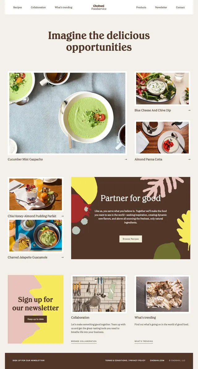 Chobani Foodservice editorial landing page, editorial, photographic, light
