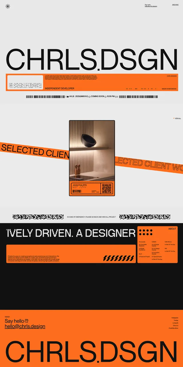 Chrls.Dsgn editorial portfolio hero, neo-brutalist, editorial, high-contrast