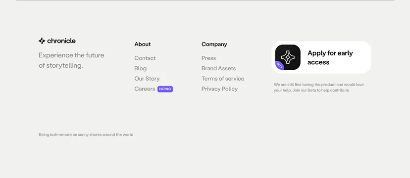 Chronicle light footer with beta CTA card, minimal, light-mode, light