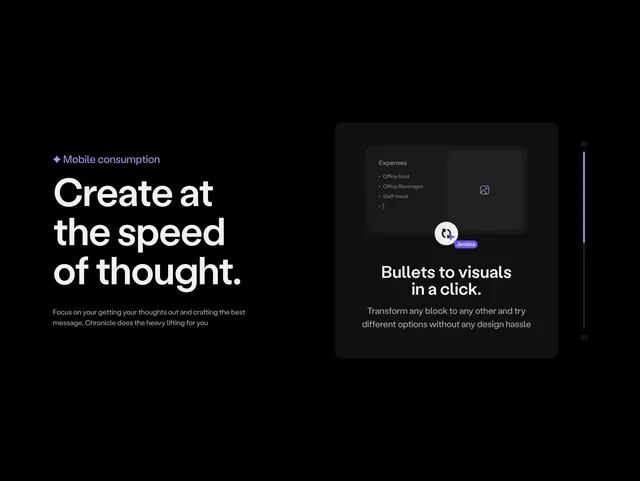 Chronicle bullets to visuals feature slide, dark-mode, minimal, dark