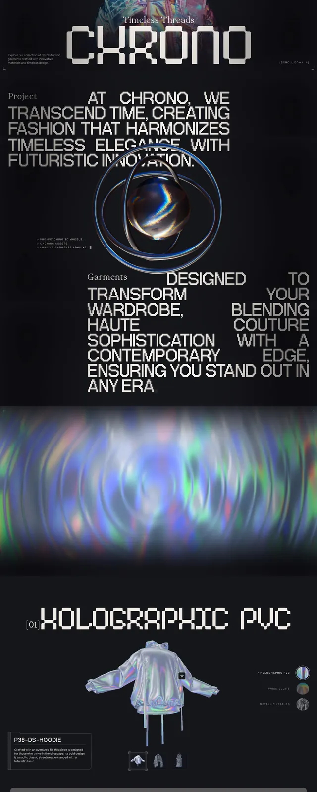 Chronothreads fashion hero, dark-mode, editorial, dark