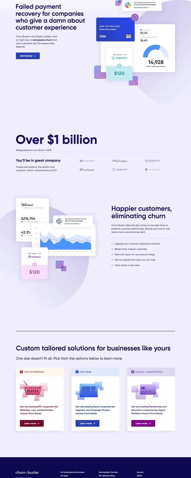 Churnbuster SaaS landing page, corporate-clean, minimal, light