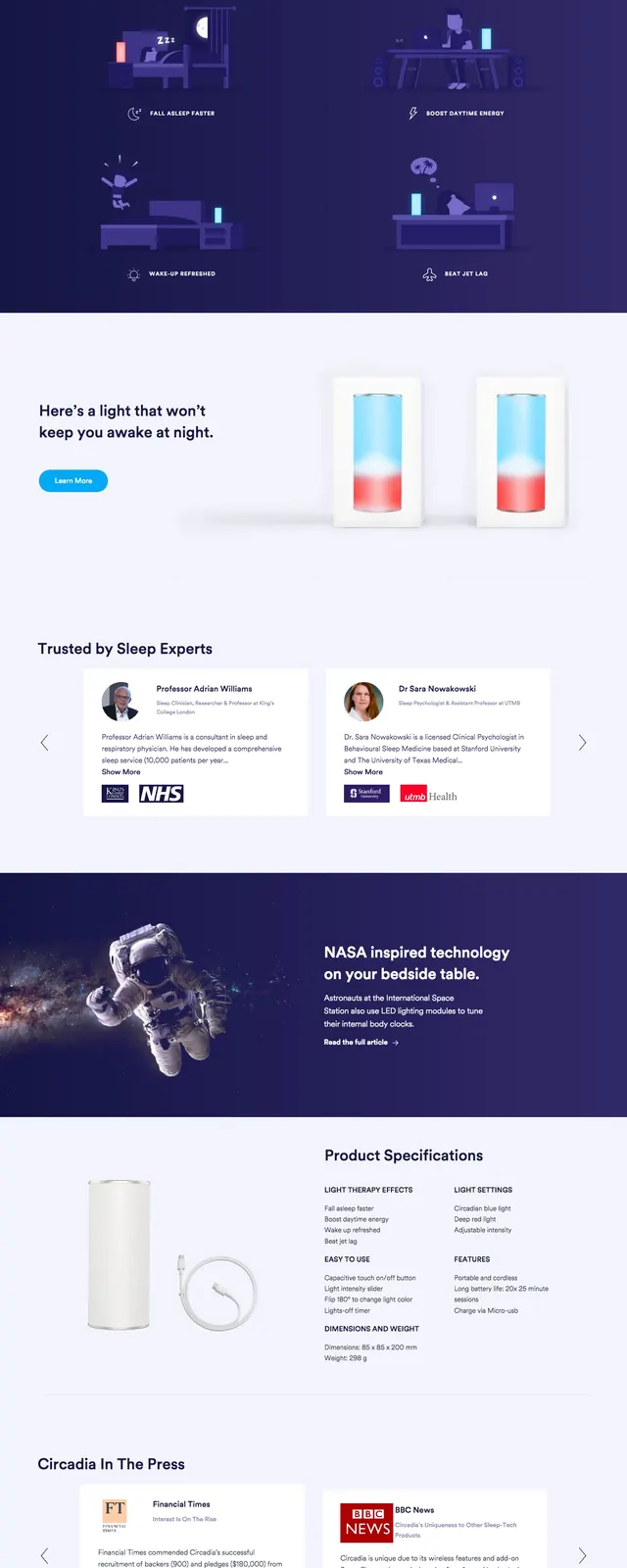 Circadia sleep product landing page, dark-mode, gradient-heavy, dark