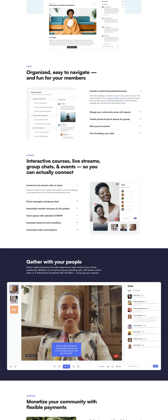 Circle community platform landing page, gradient-heavy, dark-mode, dark