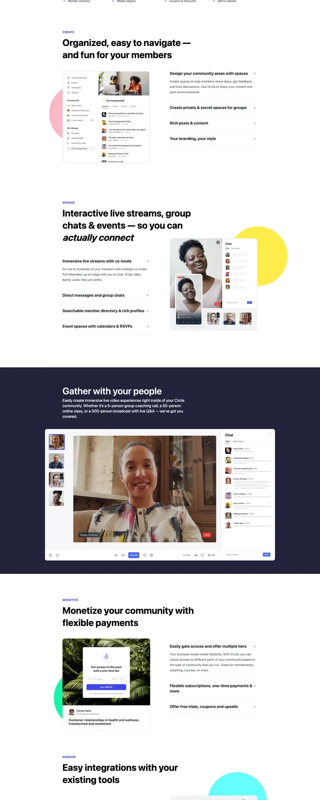 Circle community platform hero, corporate-clean, minimal, light