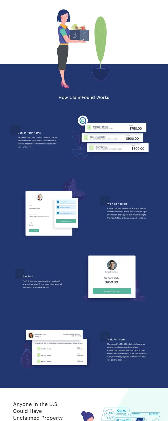ClaimFound Hero Landing Page, illustrated, light-mode, light