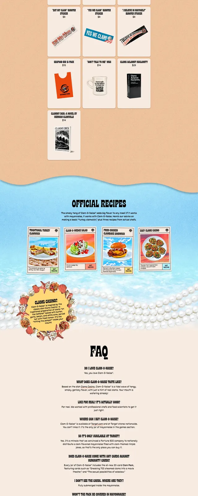 Clam-o-Naise playful landing page, playful, retro, light