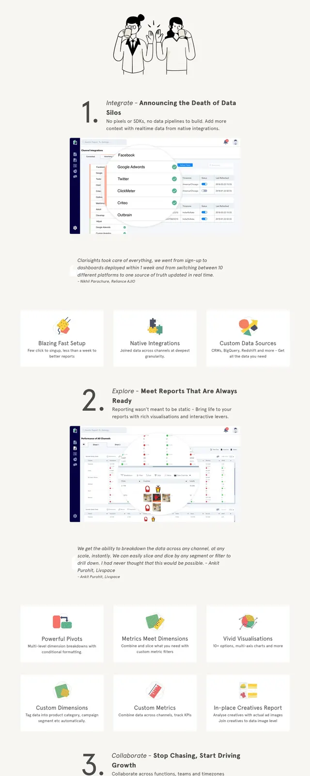 Clarisights marketing analytics landing page, corporate-clean, illustrated, light