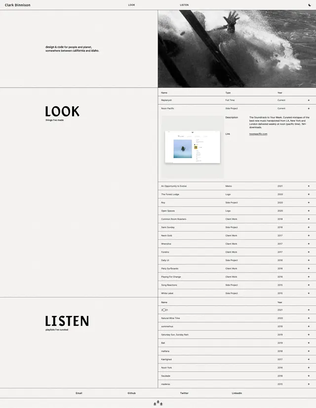 Clarkdinnison portfolio page, minimal, swiss, light