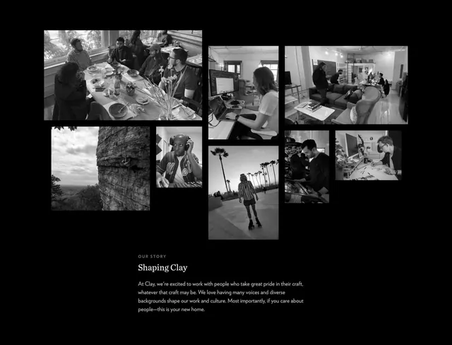 Clay careers photo collage story section, monochrome, minimal, dark