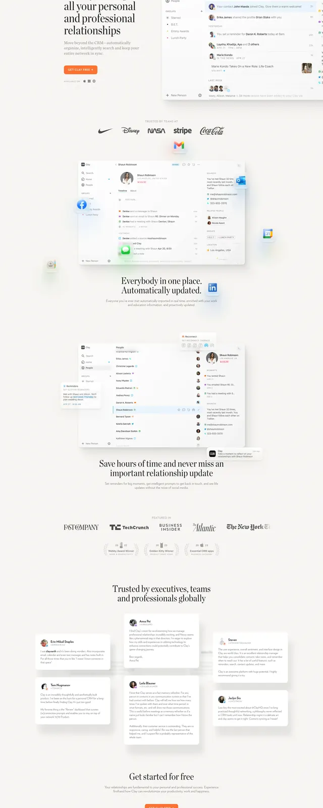 Clay relationship manager landing page, editorial, minimal, light