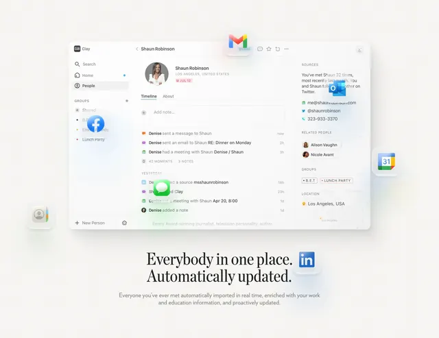 Clay CRM contact timeline feature, minimal, light-mode, light