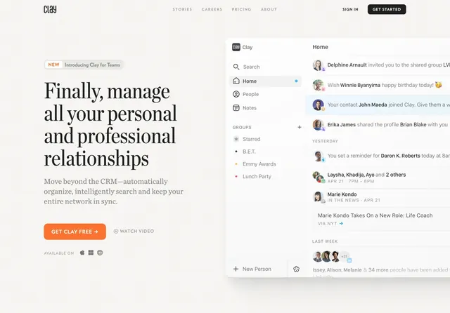 Clay relationship manager split hero, minimal, editorial, light