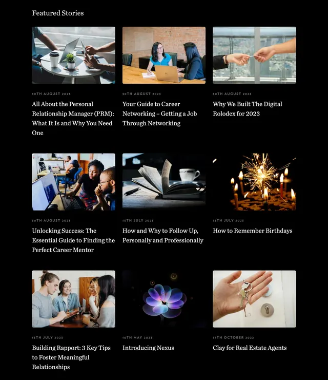 Clay dark featured stories grid, minimal, dark-mode, dark