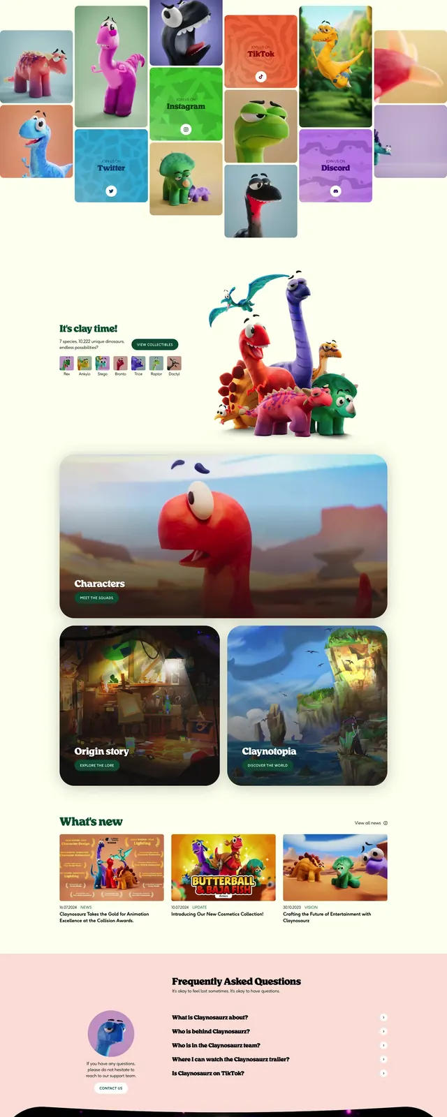 Claynosaurz playful 3D landing page, playful, 3d-render, light