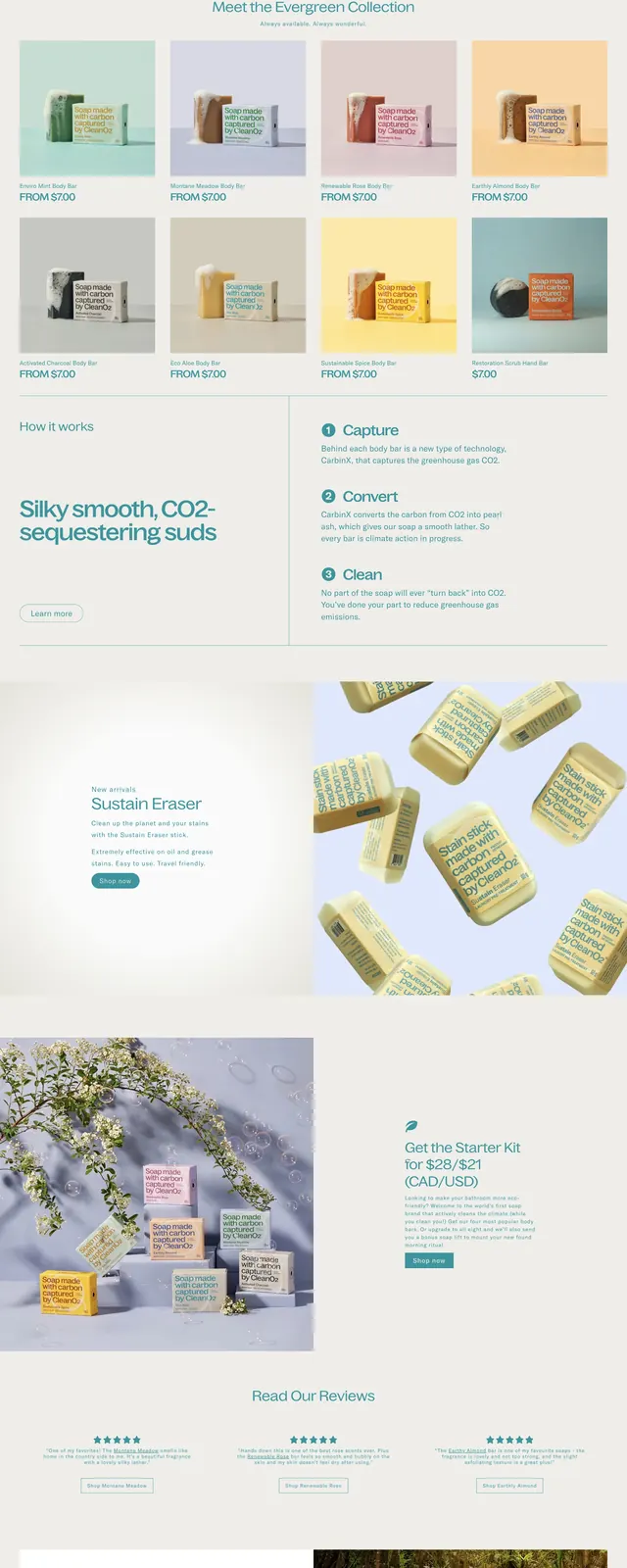 CleanO2 sustainable ecommerce landing page, light-mode, editorial, light
