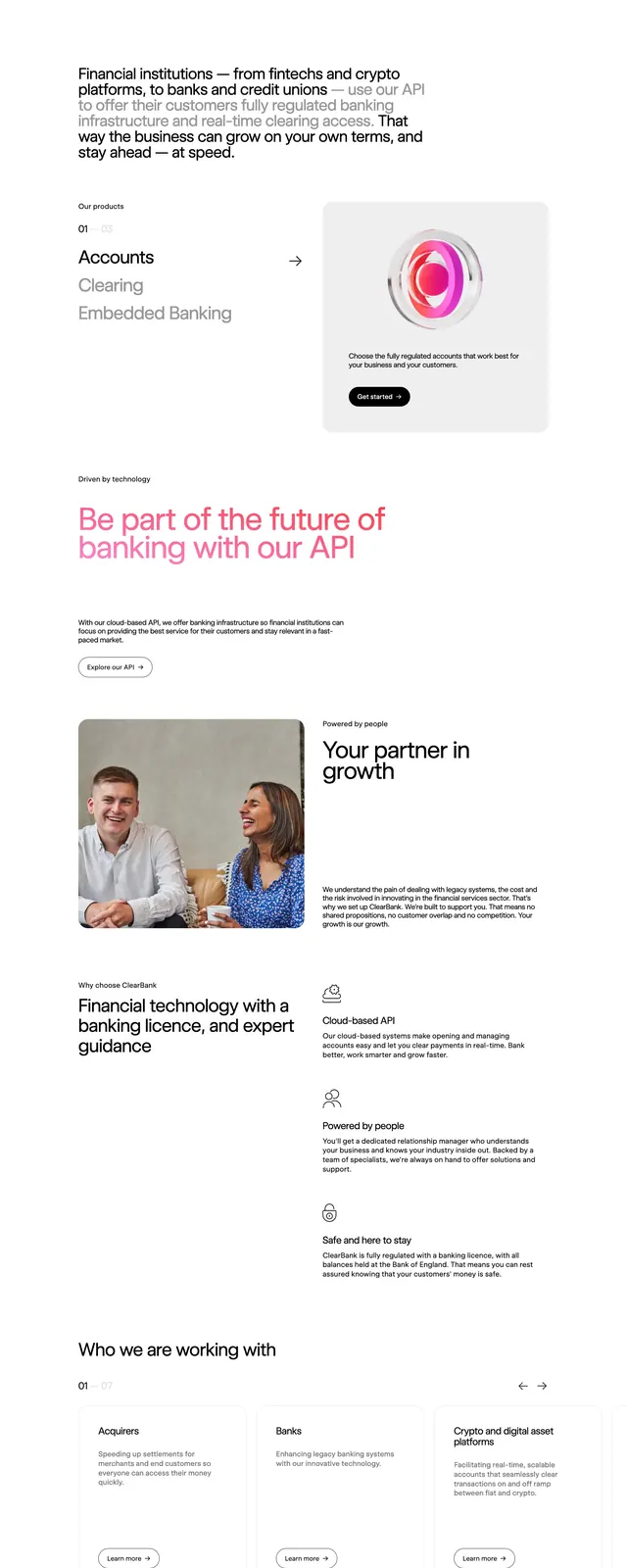 ClearBank fintech landing page, minimal, editorial, light