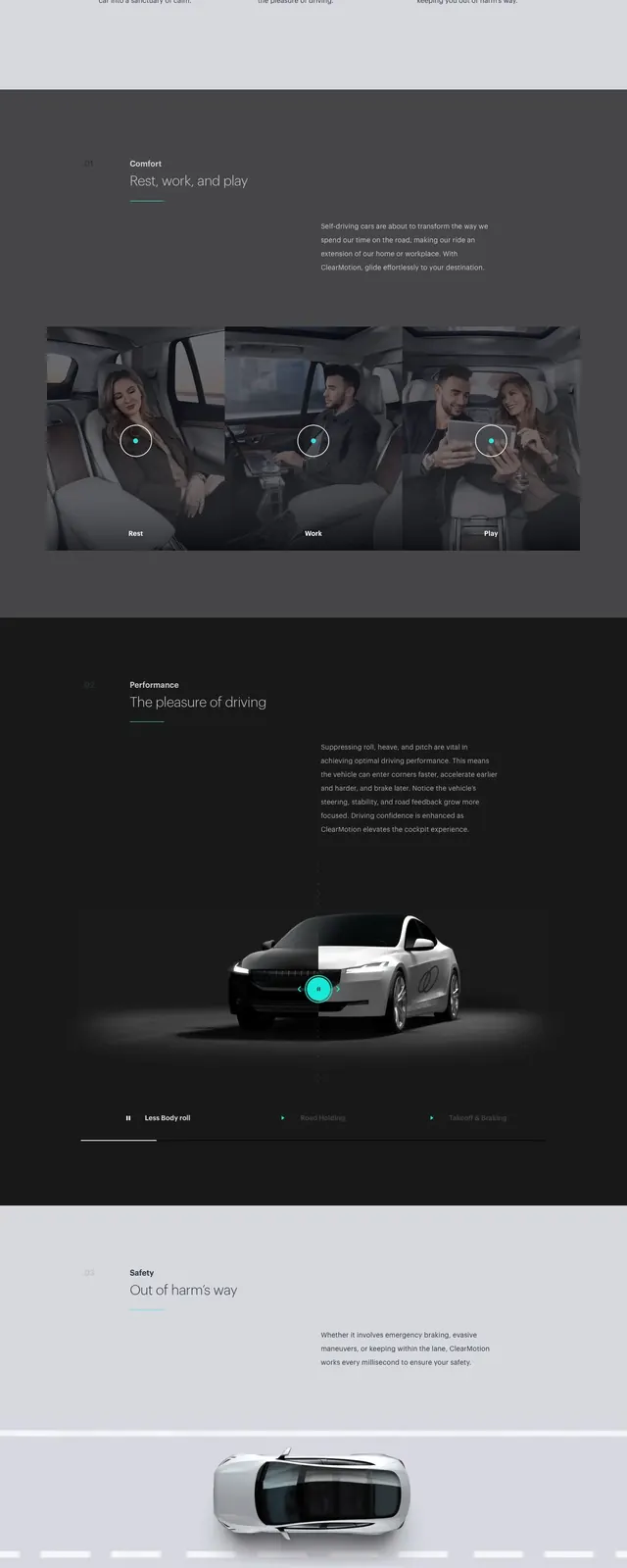 ClearMotion automotive landing page, minimal, editorial, light