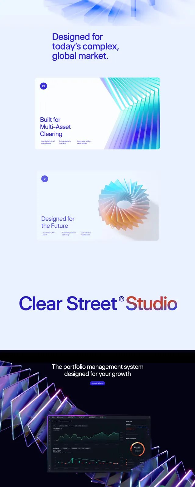 Clearstreet dashboard landing page, dark-mode, gradient-heavy, dark