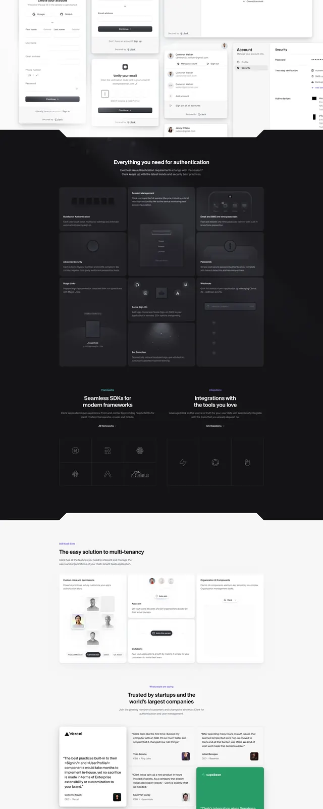Clerk product landing page, corporate-clean, minimal, light