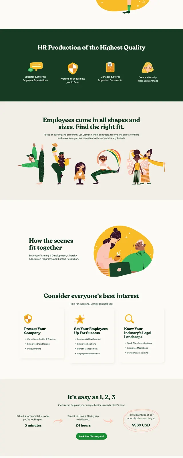 Clerksy illustrated HR landing page, illustrated, editorial, dark