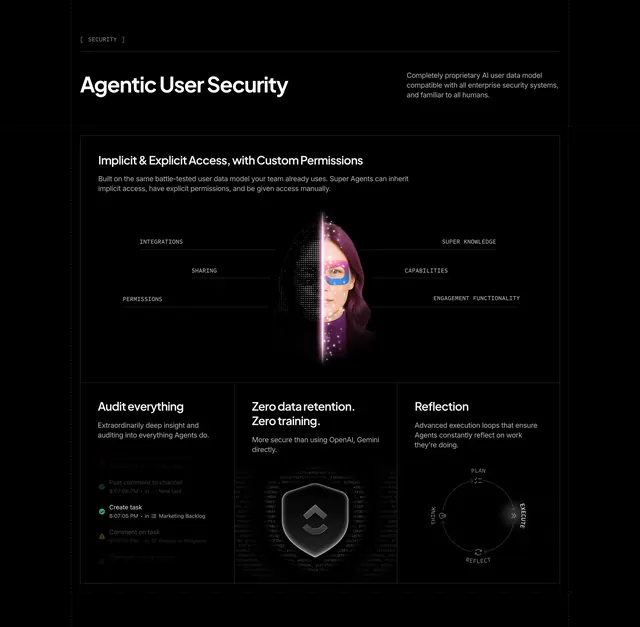 ClickUp agentic user security feature, dark-mode, technical, dark