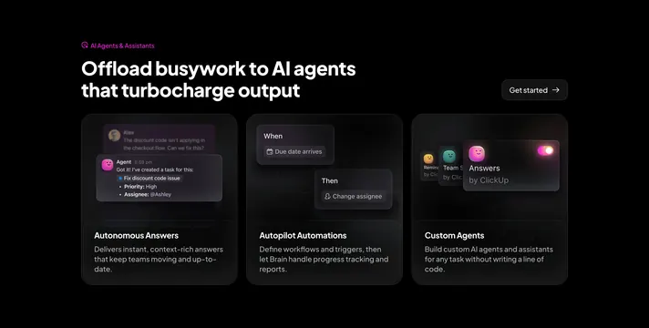 ClickUp AI agents and assistants trio, dark-mode, glassmorphism, dark