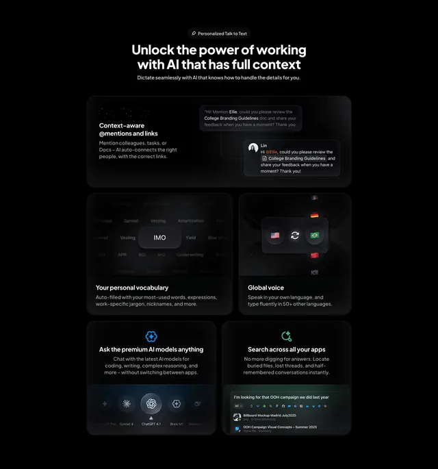 ClickUp AI context bento capabilities, dark-mode, glassmorphism, dark