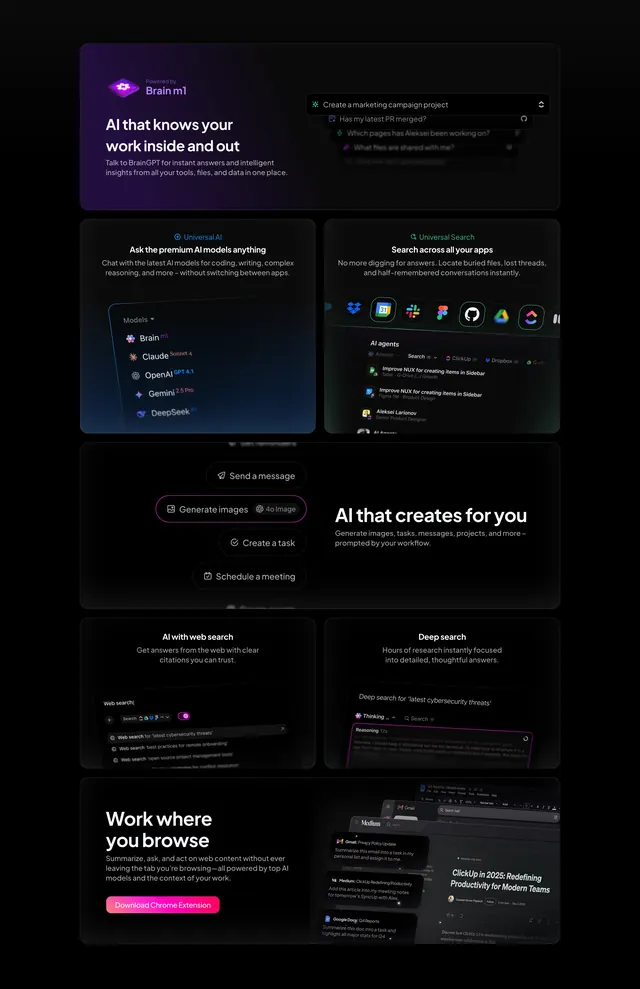 ClickUp Brain m1 capabilities stack, dark-mode, minimal, dark