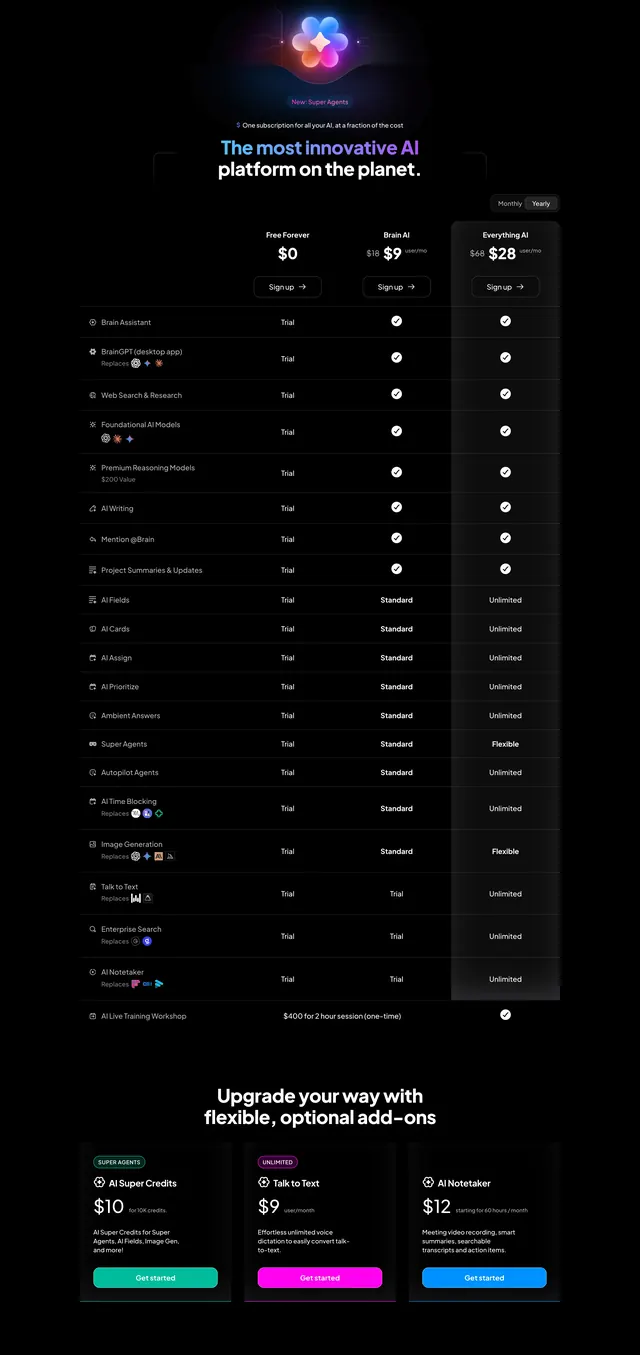 ClickUp AI platform pricing table, dark-mode, gradient-heavy, dark
