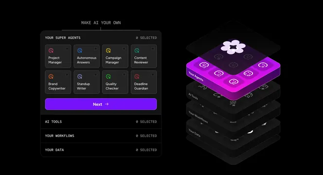 ClickUp make AI your own builder, dark-mode, 3d-render, dark