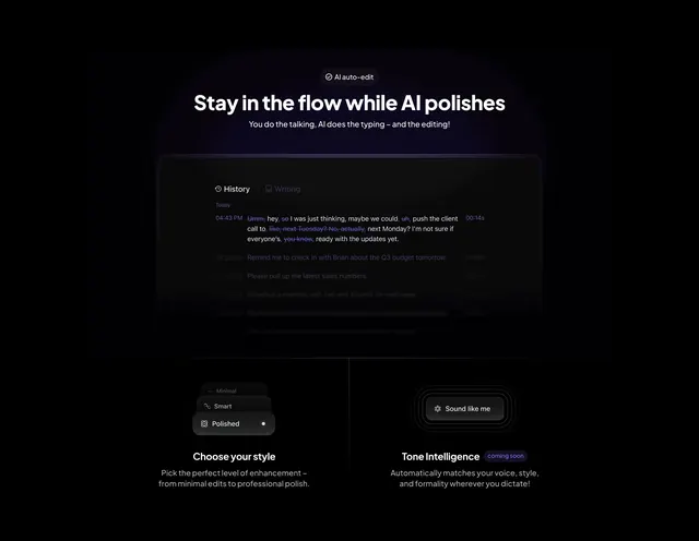 ClickUp AI auto-edit transcription feature, dark-mode, minimal, dark