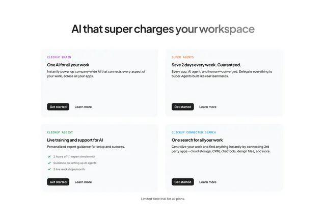 ClickUp AI workspace feature grid, minimal, light-mode, light