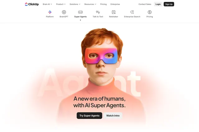 ClickUp Super Agents masked hero, minimal, light-mode, light