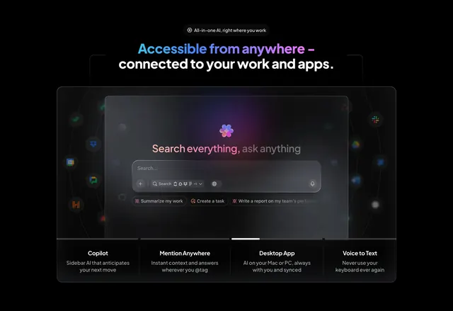 ClickUp all-in-one AI integration hub, dark-mode, glassmorphism, dark