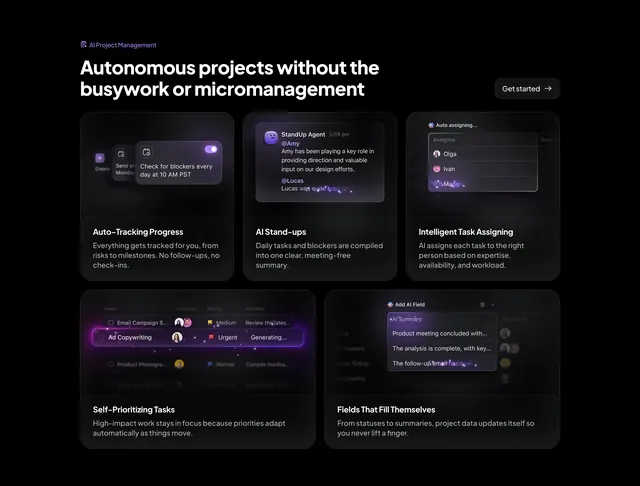 ClickUp autonomous project management grid, dark-mode, minimal, dark