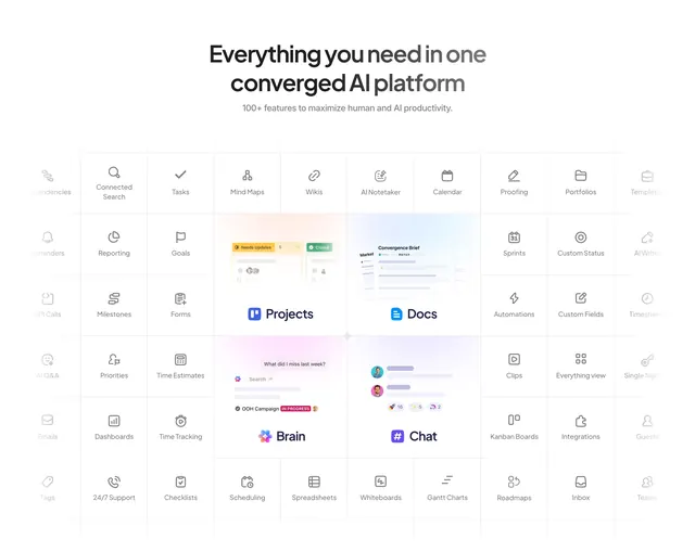 ClickUp converged AI platform map, minimal, light-mode, light