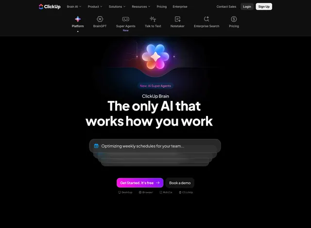 ClickUp Brain platform dark hero, dark-mode, gradient-heavy, dark