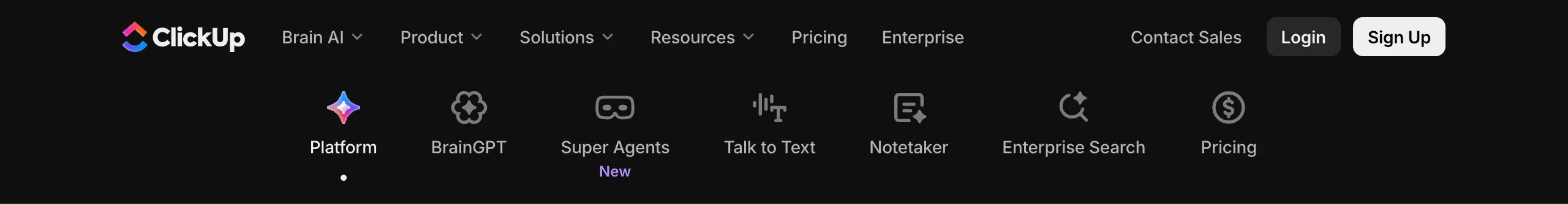 ClickUp Brain AI dual navigation, dark-mode, minimal, dark