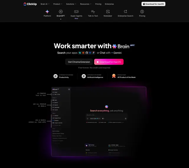 ClickUp Brain GPT search hero, dark-mode, minimal, dark