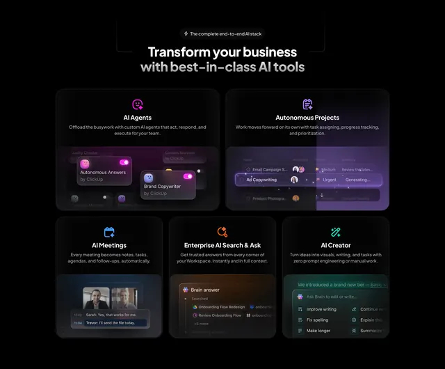 ClickUp end-to-end AI tools bento, dark-mode, glassmorphism, dark