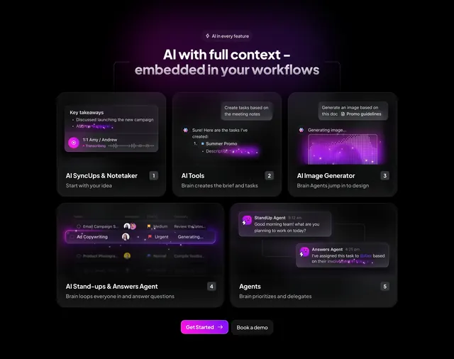 ClickUp embedded AI workflow steps, dark-mode, minimal, dark